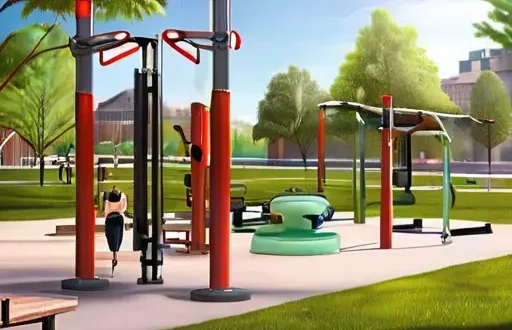 Уличная зона фитнеса в парке с семью различными тренажерами и людьми, занимающимися функциональной тренировкой